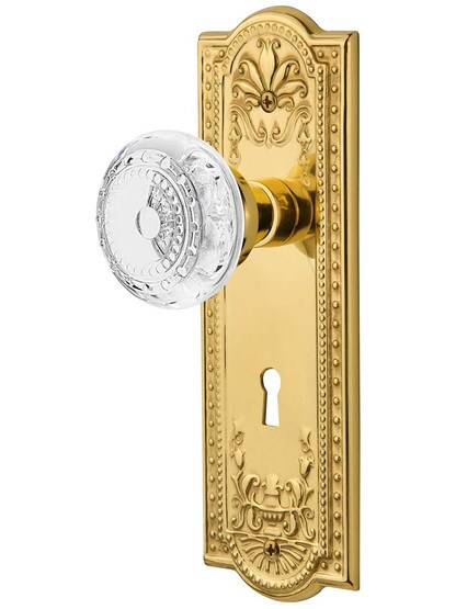 Meadows Mortise-Lock Set with Matching Crystal-Glass Knobs in Polished Brass.